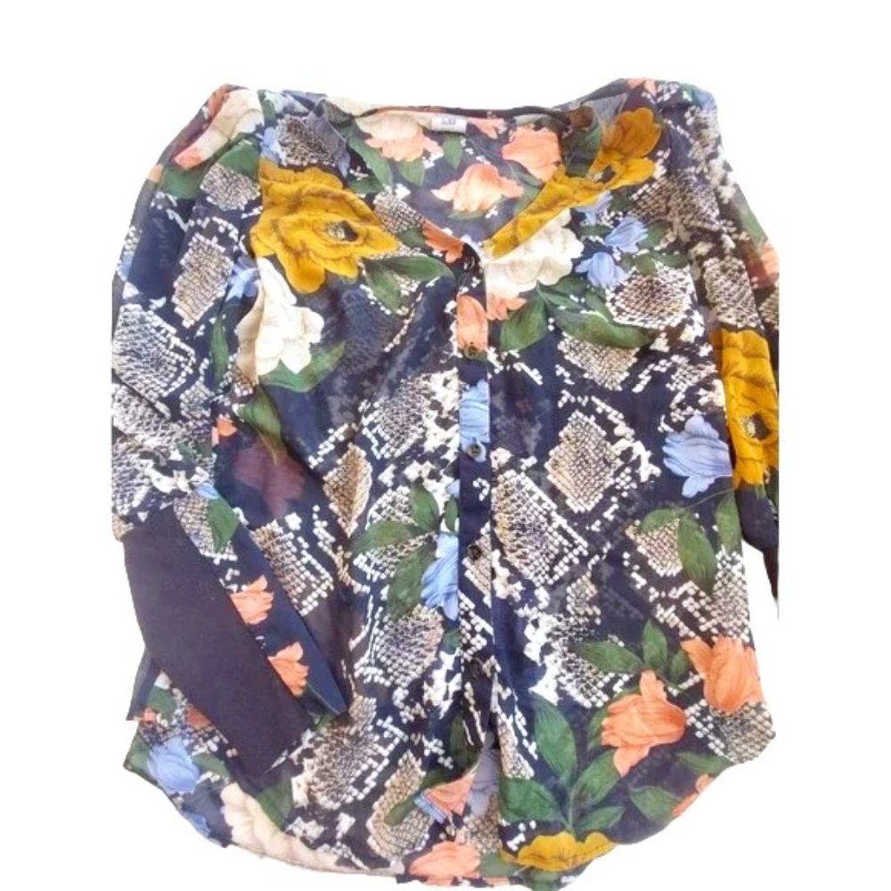 Cabi floral snake skin print sheer button down long sleeve small shoulder pad M